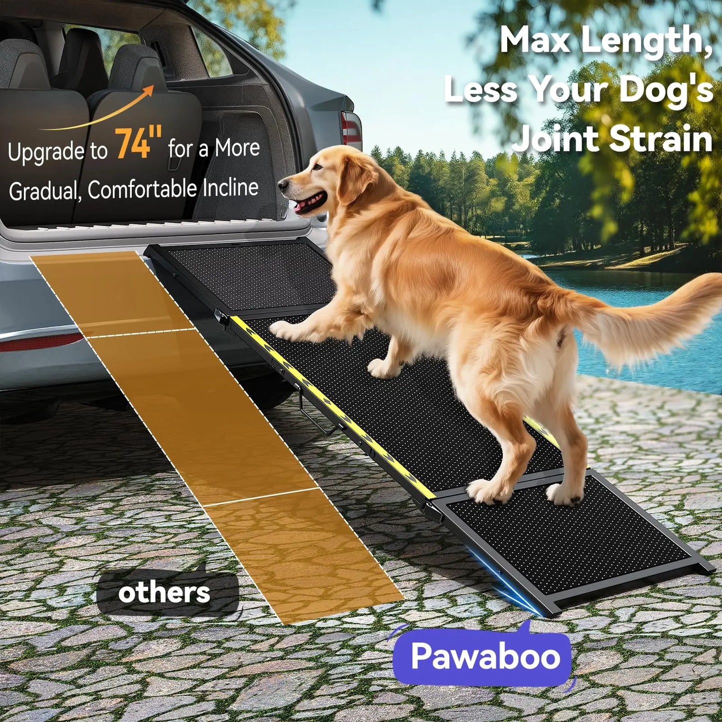 74" Long Portable Dog Ramp – Lightweight, Heavy-Duty Folding Pet Ramp with Non-Slip Safety Mesh for Large Dogs, SUVs & Trucks