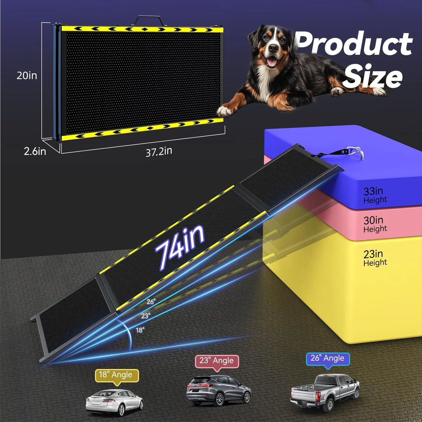 74" Long Portable Dog Ramp – Lightweight, Heavy-Duty Folding Pet Ramp with Non-Slip Safety Mesh for Large Dogs, SUVs & Trucks