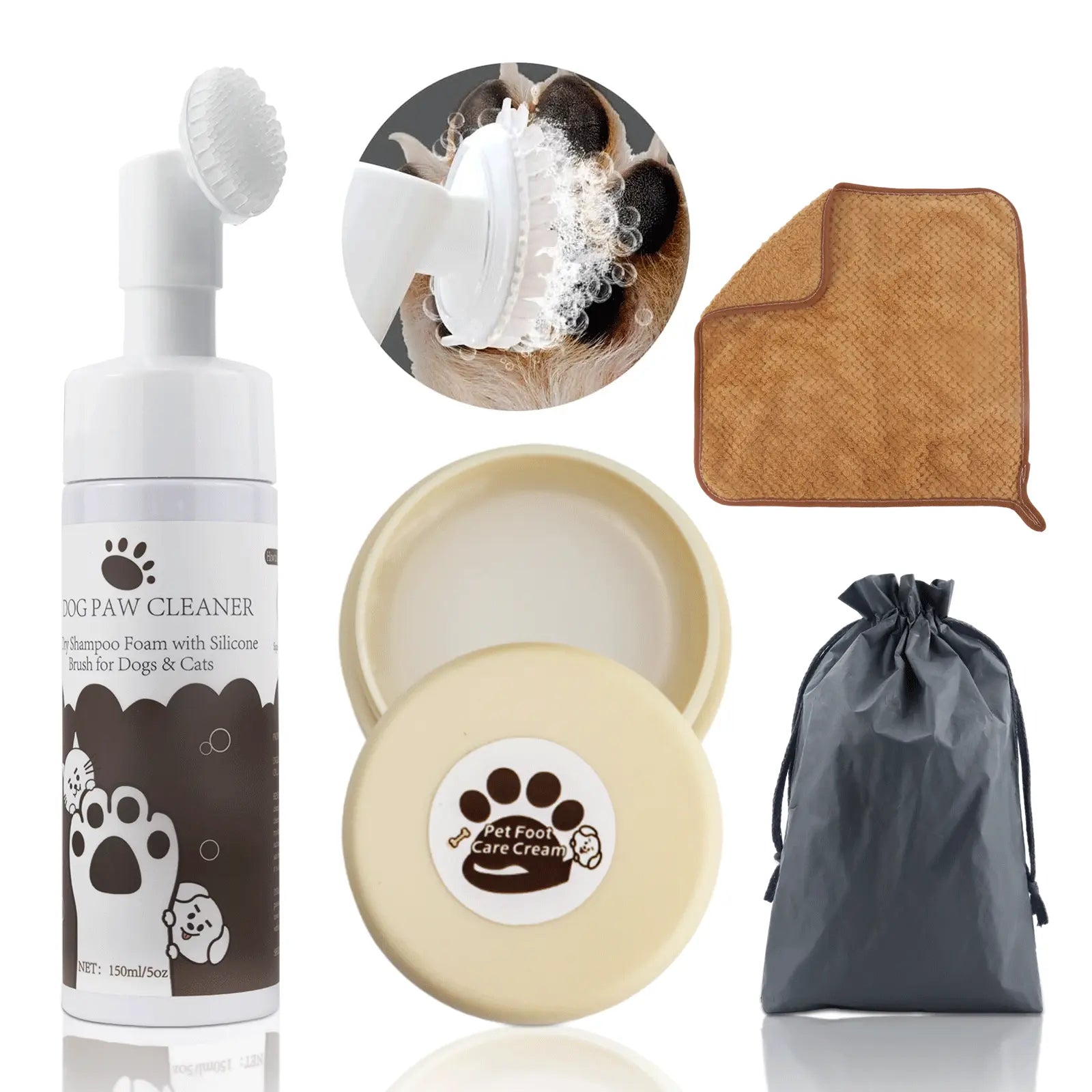 2-in-1 Pet Paw Care Kit – No-Rinse Foam Cleaner & Healing Balm for Dry, Cracked Paws & Noses (5 oz)