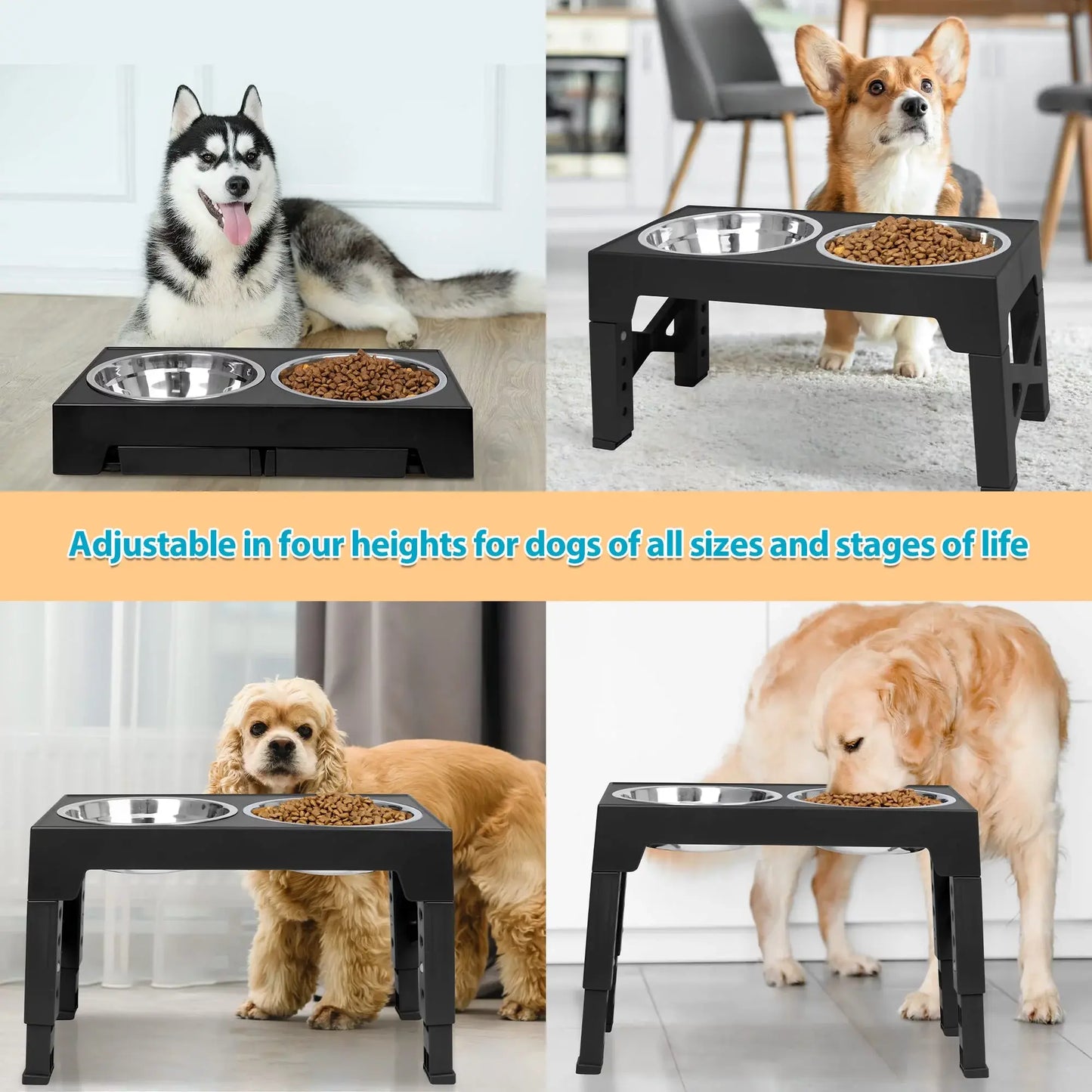 Ergonomic Raised Dog Bowl Stand – Adjustable Multi-Height Station with 2 Stainless Steel Dishes