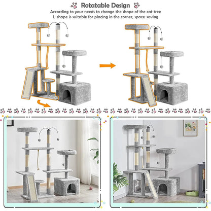 Multi-Level Cat Tree & Play Center – Light Gray Luxury Cat Tower with Condo & Scratching Posts