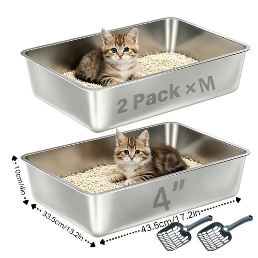 Premium Stainless Steel Litter Box (2-Pack) – High-Sided Non-Stick Metal Cat Litter Pan (17.5" x 13.5" x 4")