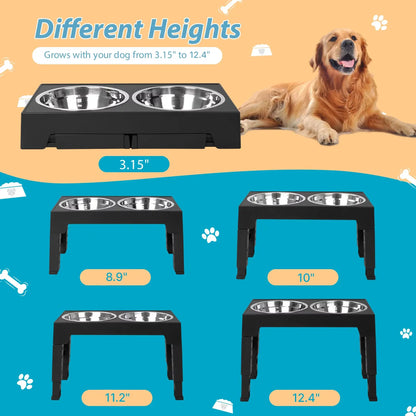 Ergonomic Raised Dog Bowl Stand – Adjustable Multi-Height Station with 2 Stainless Steel Dishes